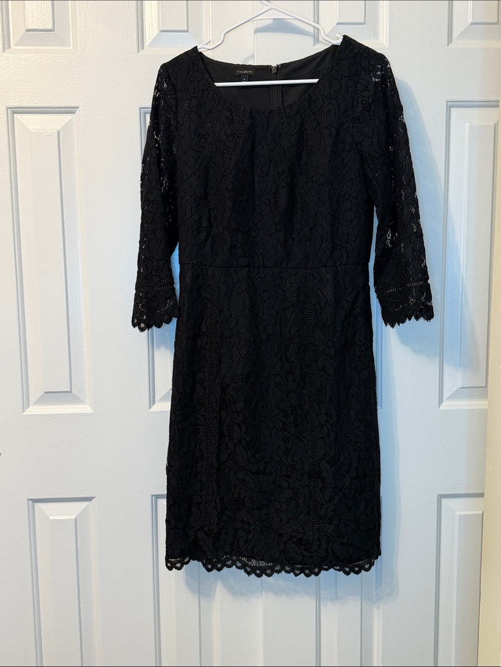 NWOT Talbots Black Full Lace Overlay Sheath Midi Dress 3/4 Sleeves Size 6